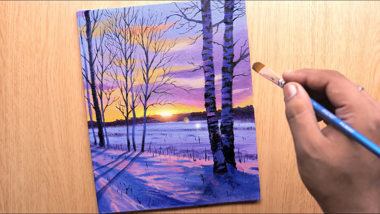 Acrylic painting idea landscape painting of sunset and winter snow