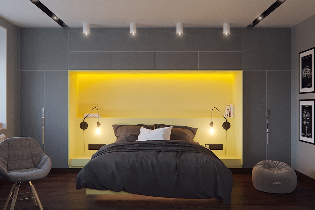 modern yellow and grey bedroom style  Interior Design Ideas