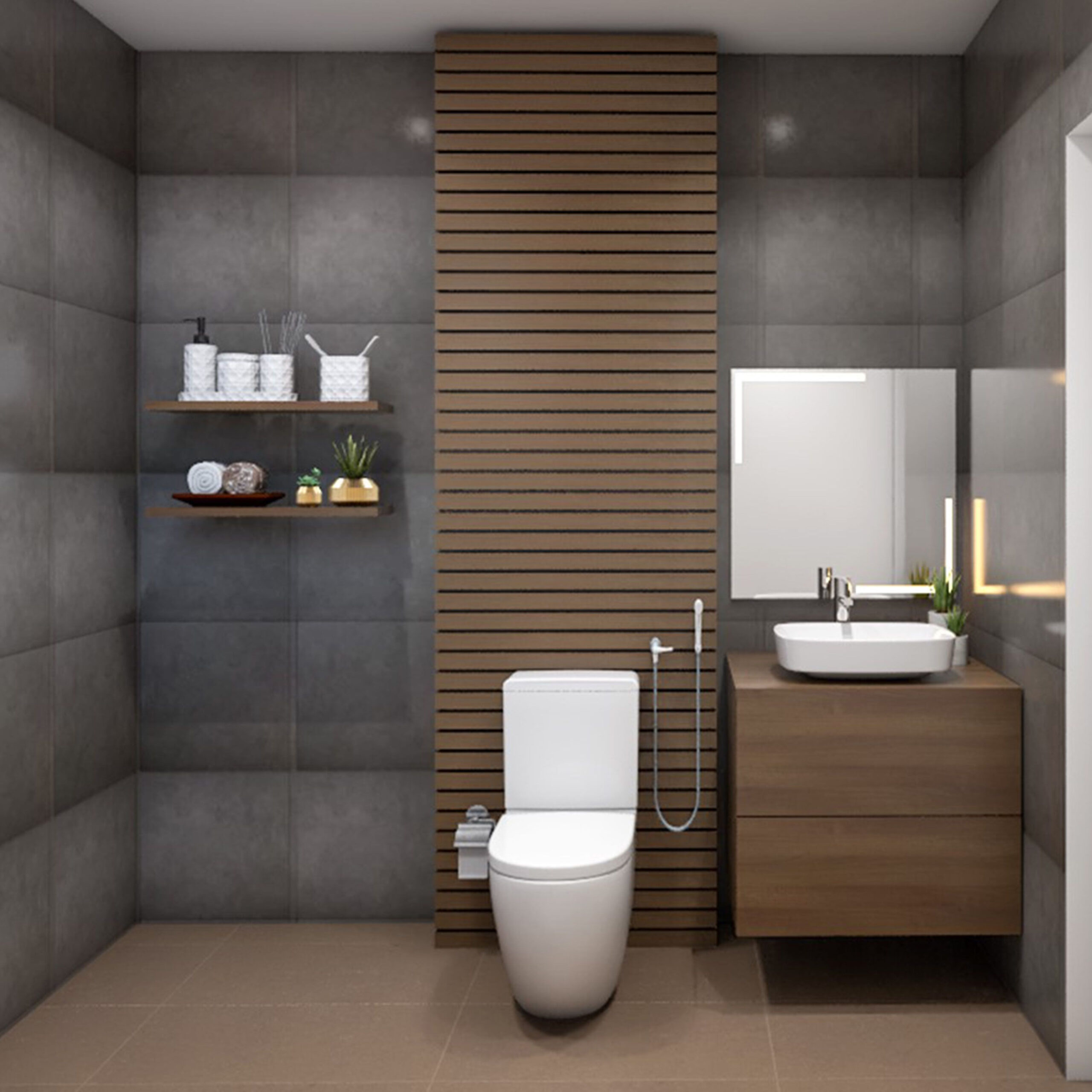 Contemporary Bathroom Design With Dark Grey Tiles  Livspace