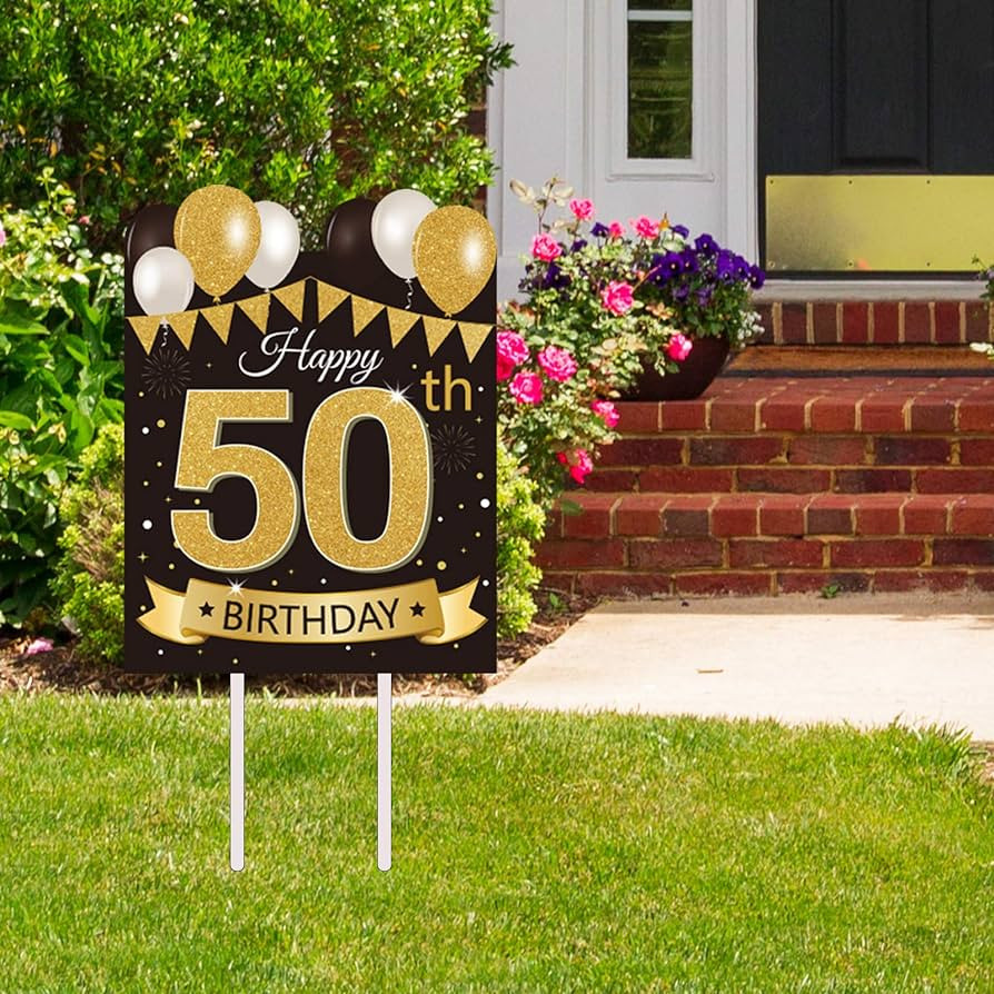 Large Happy th Birthday Party Yard Sign Black Gold  Birthday